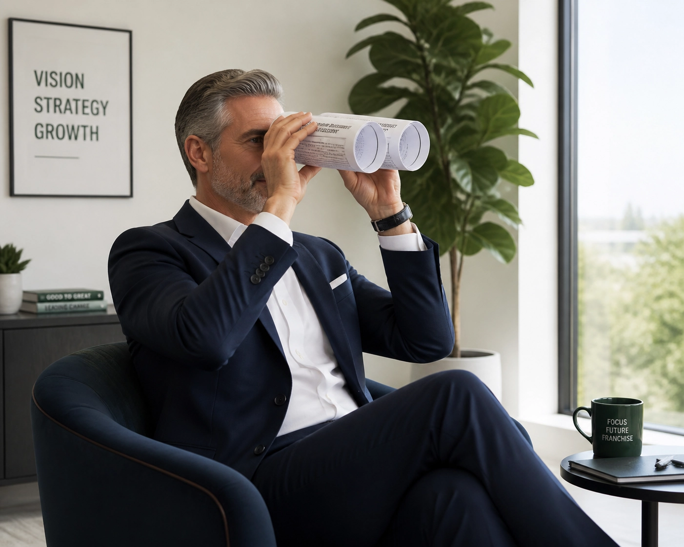 CEO focusing on growth using rolled FDDs as binoculars, illustrating strategic control with a franchise development agency.