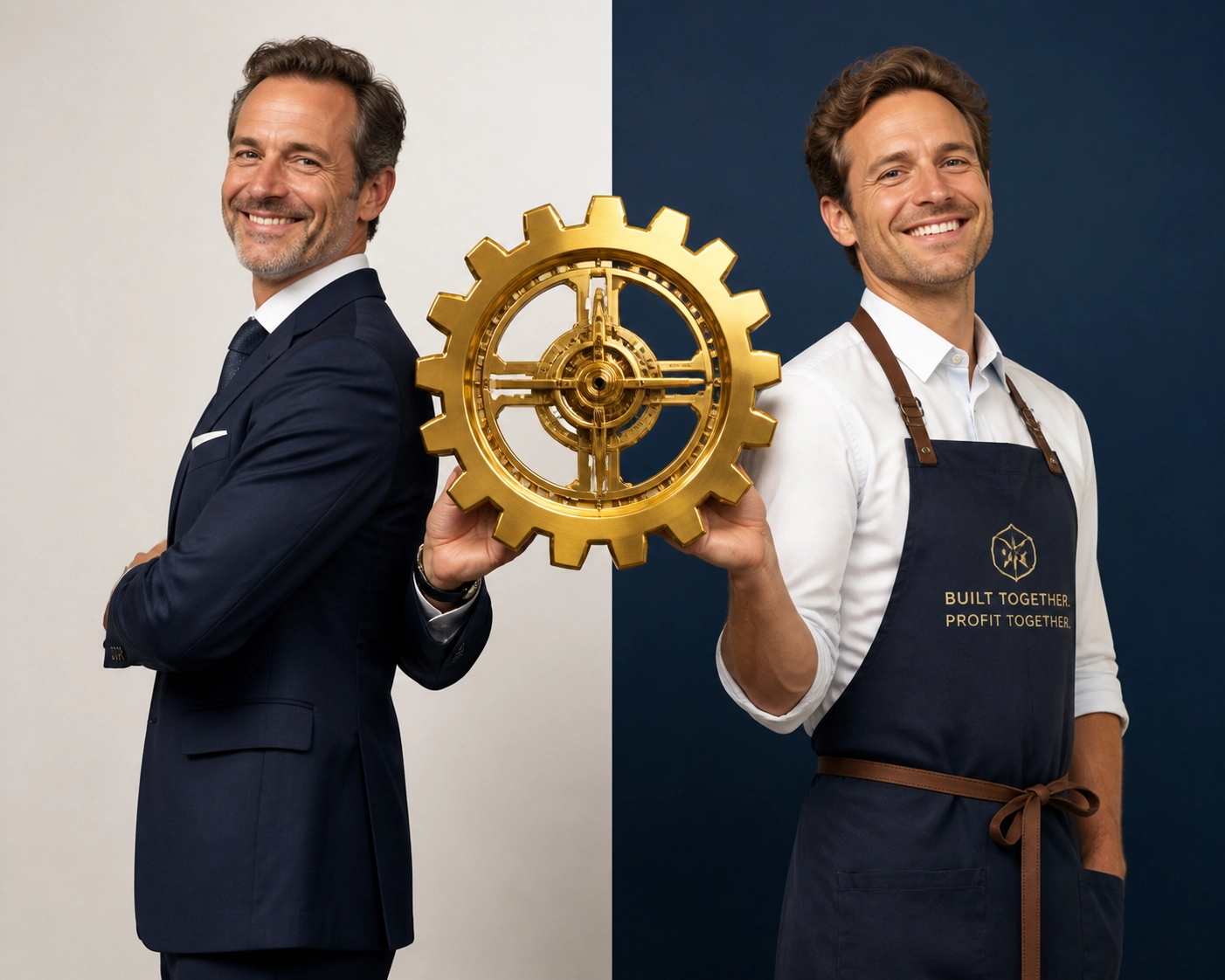 Partners balancing a mechanical gear, representing a successful financial model for franchise development services.