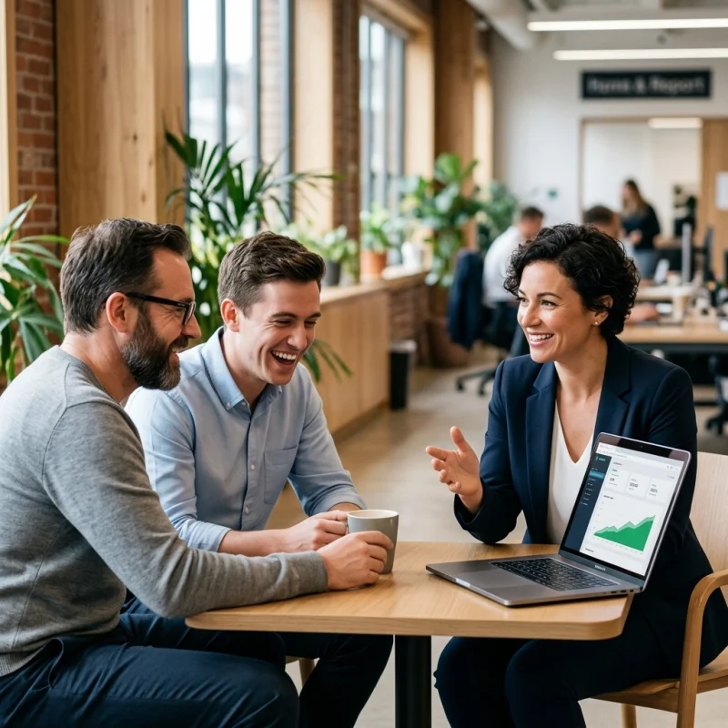 Three coworkers at a table in an office, smiling and chatting while a laptop shows a green chart on the screen.