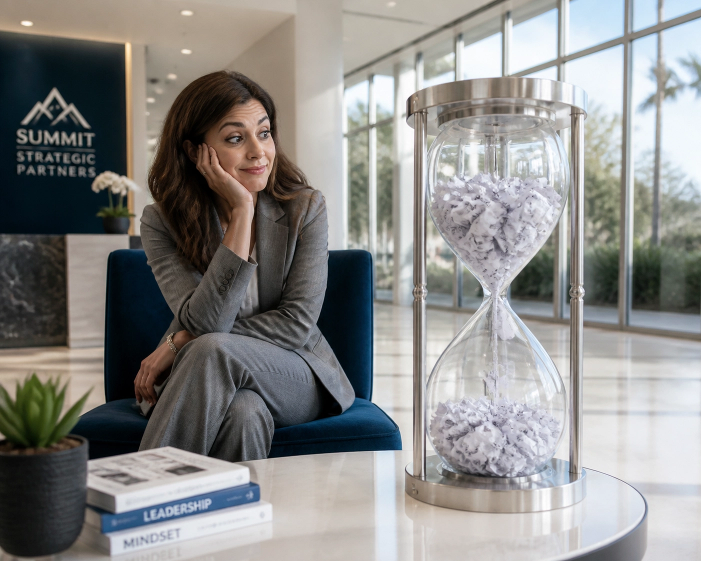 Hourglass filled with resumes illustrating the slow timeline for internal franchise lead generation hiring.