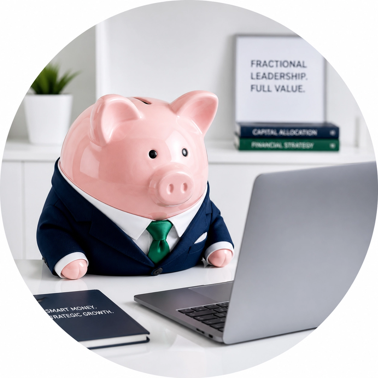 A piggy bank in a business suit using a laptop to represent smart franchise lead generation investments.