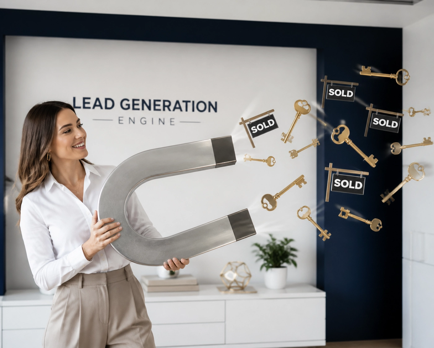 Woman with a large magnet attracting keys, illustrating high-performing franchise lead generation.