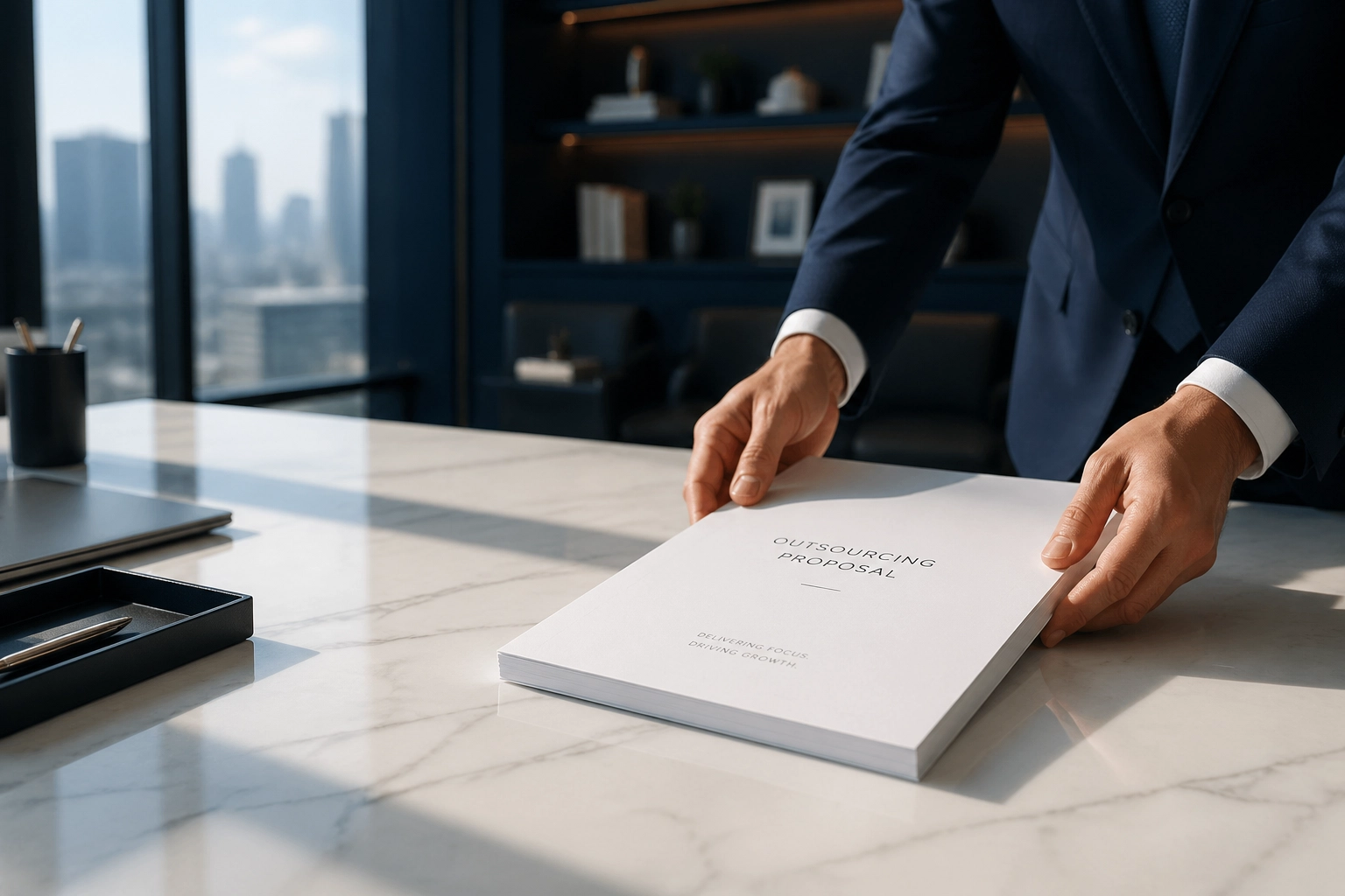 Hands sliding a professional document representing streamlined franchise development services.