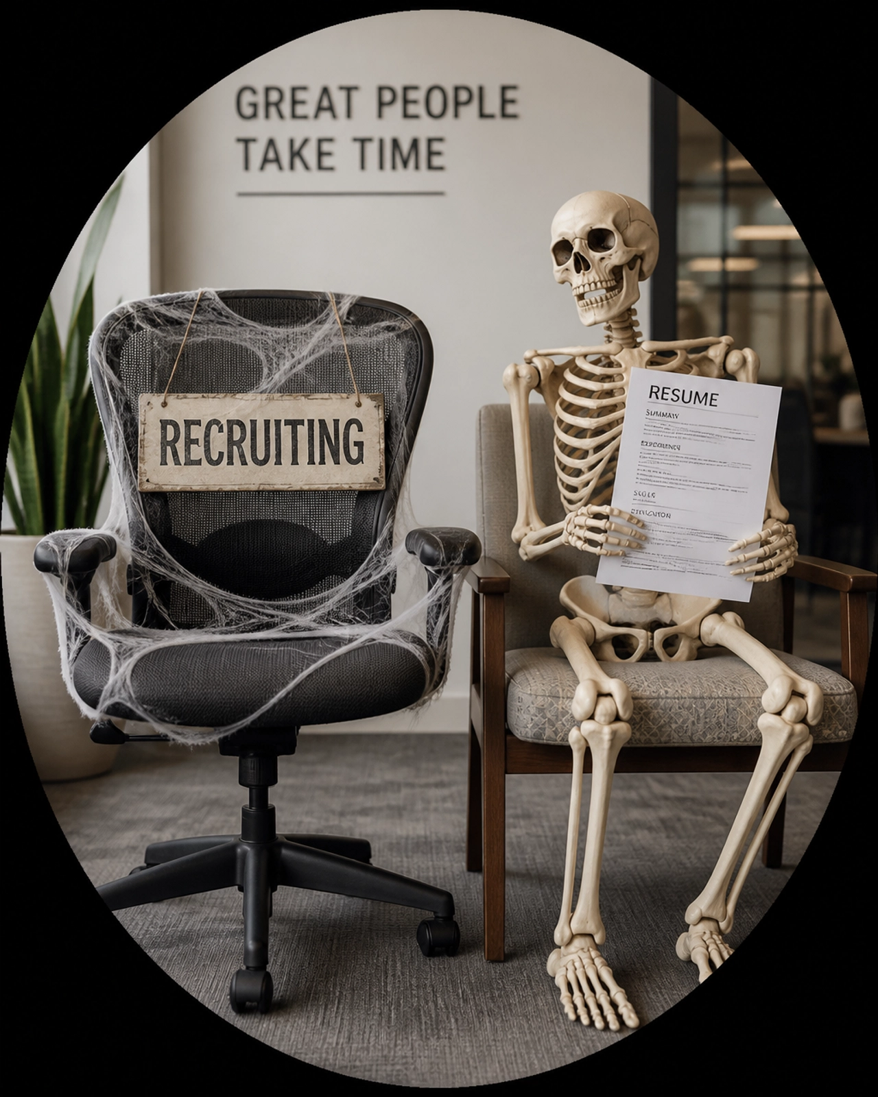 A witty photo of a skeleton sitting at a desk with a 'Recruiting' sign, illustrating the long wait for the perfect in-house hire.