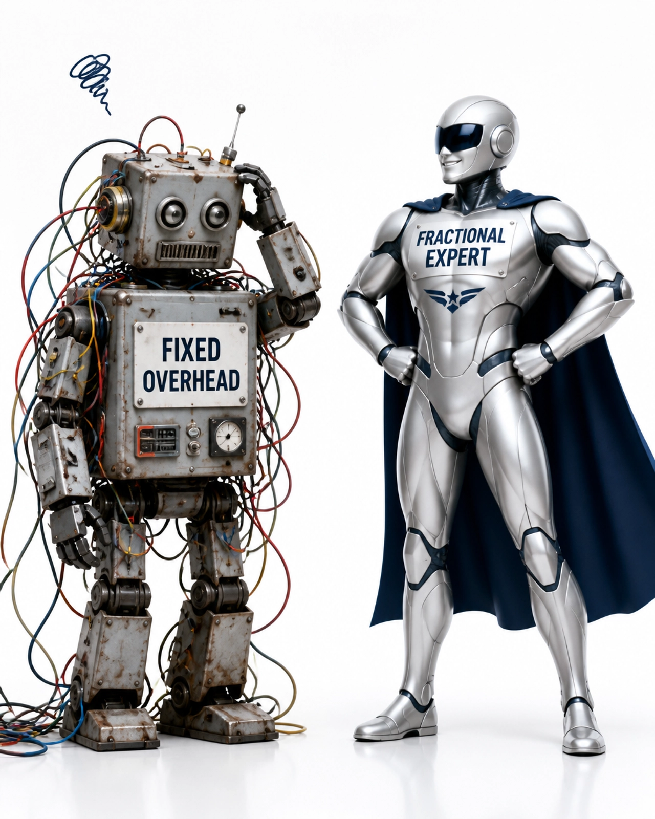 A sleek superhero figure representing a fractional expert standing next to a clunky robot representing fixed overhead
