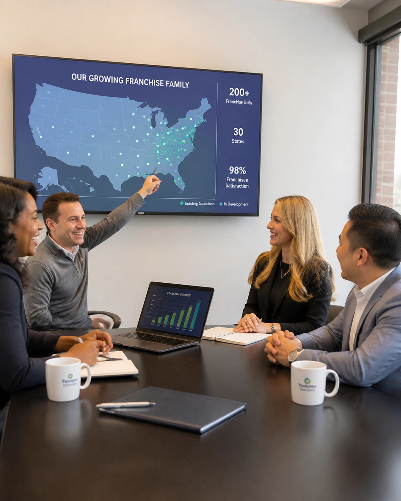 A professional photograph of a diverse group of franchise development experts sitting around a modern conference table.