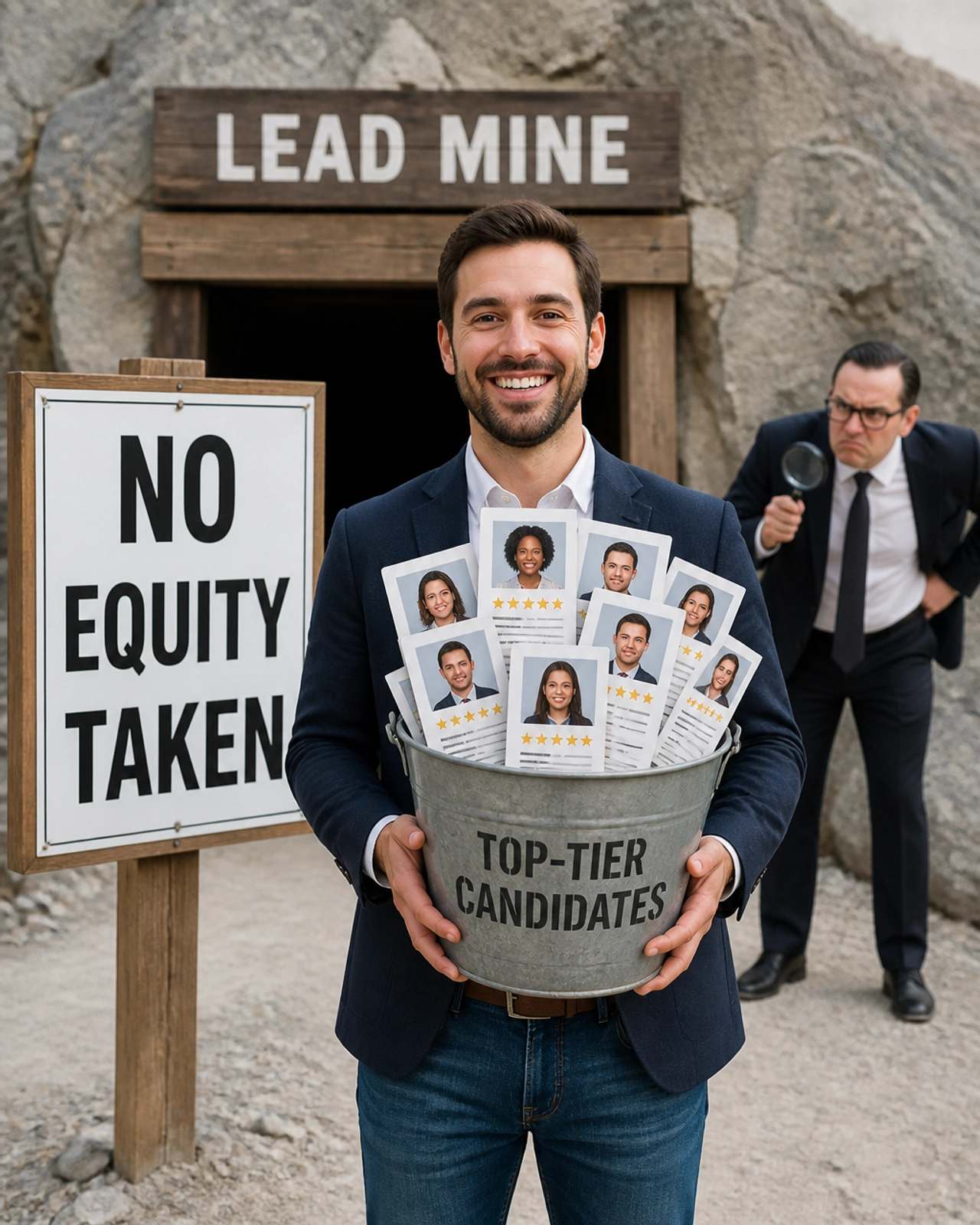 A business owner with a bucket of leads and a sign saying 'No Equity'