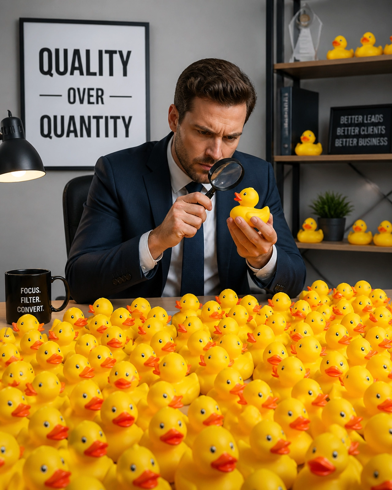 A businessman inspecting a sea of rubber ducks with a magnifying glass.
