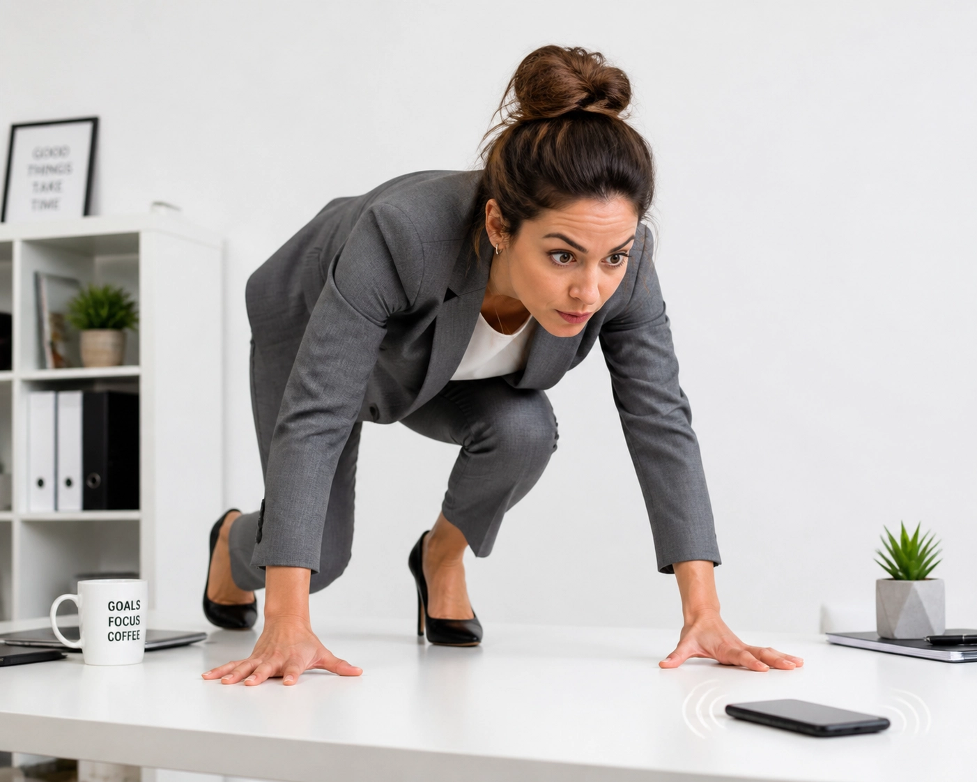 Professional in starting block on a desk, ready to improve speed to lead for a franchise development agency.