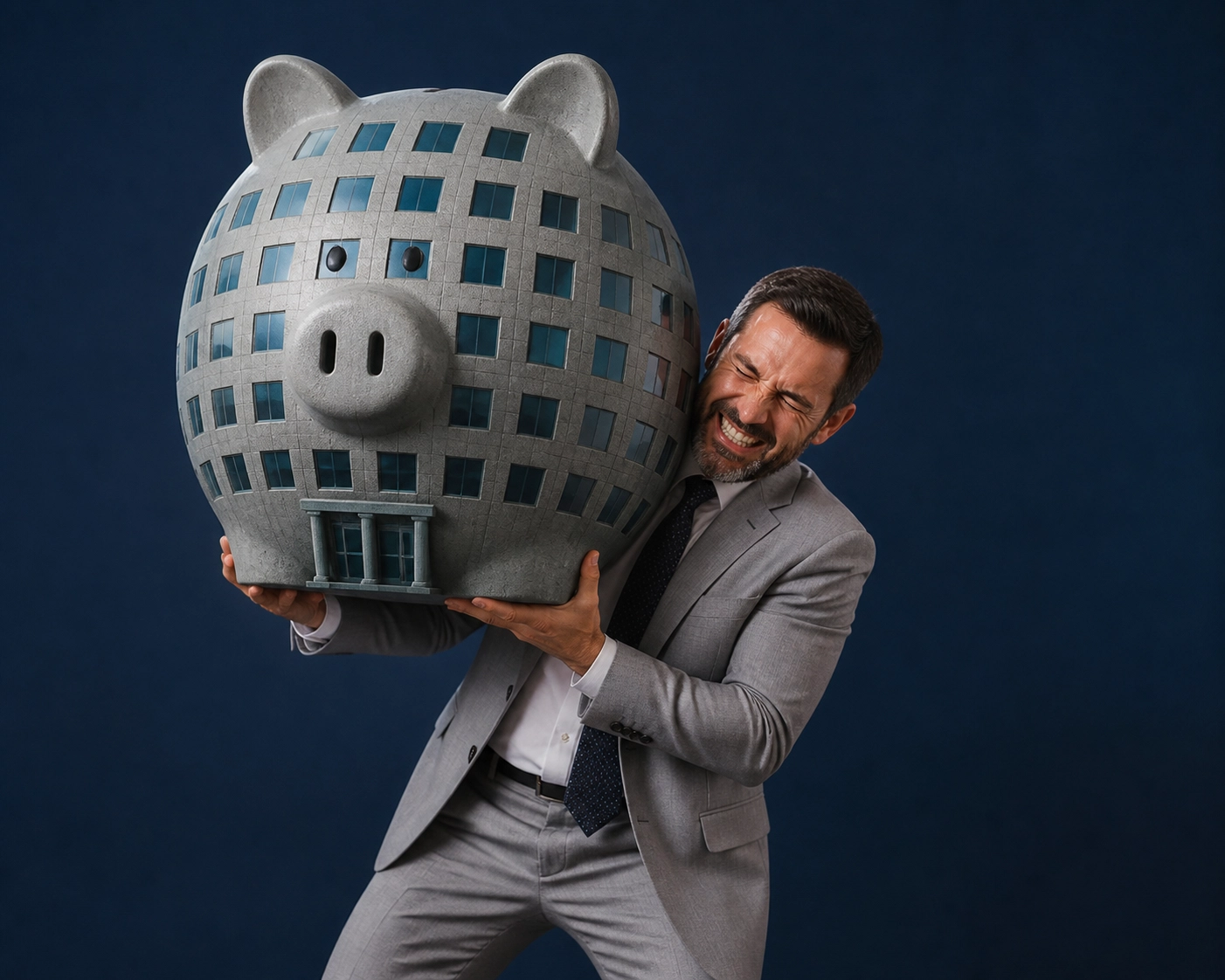 Executive carrying a building-shaped piggy bank showing the financial burden of in-house sales teams.