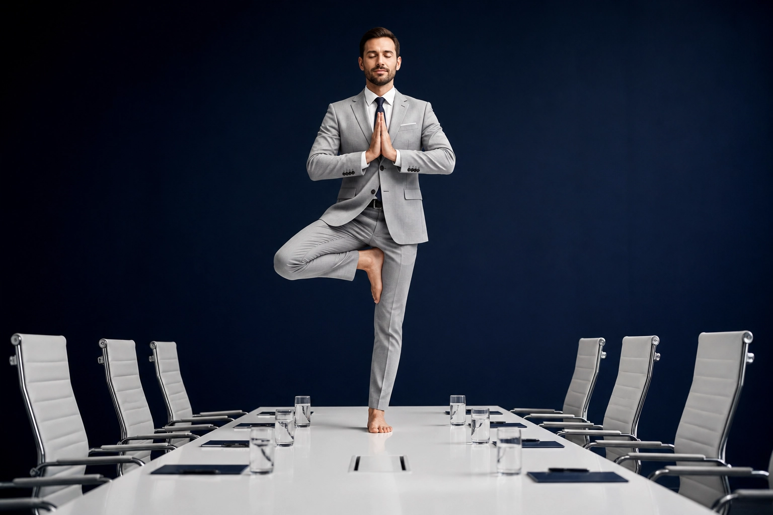 A businessman in a yoga pose on a desk, symbolizing the agility of a flexible franchise development agency.