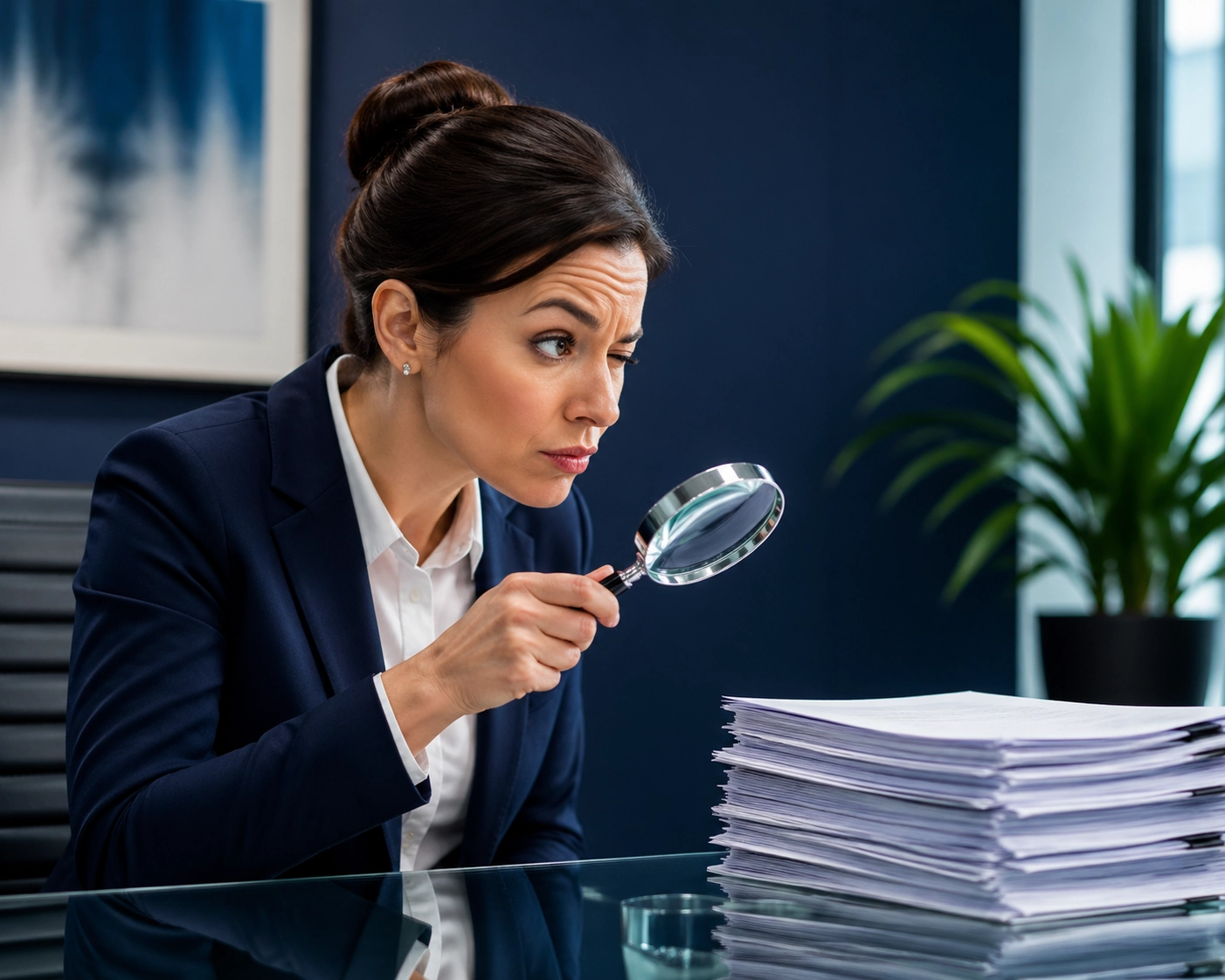 Executive using a magnifying glass to carefully vet a franchise sales organization for growth.