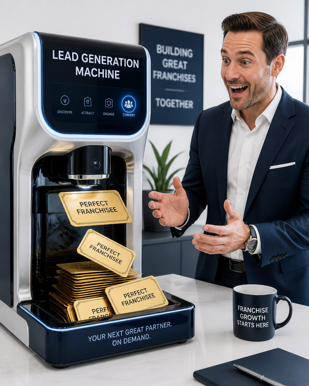 A humorous photo of a futuristic coffee machine pouring out golden 'Perfect Franchisee' business cards.
