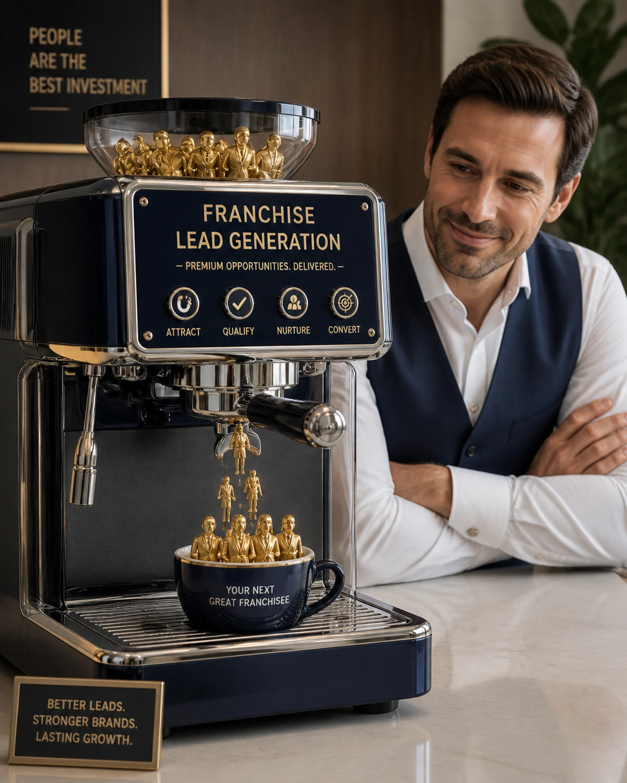 A machine pouring out golden figurines of professional business people representing franchise lead generation