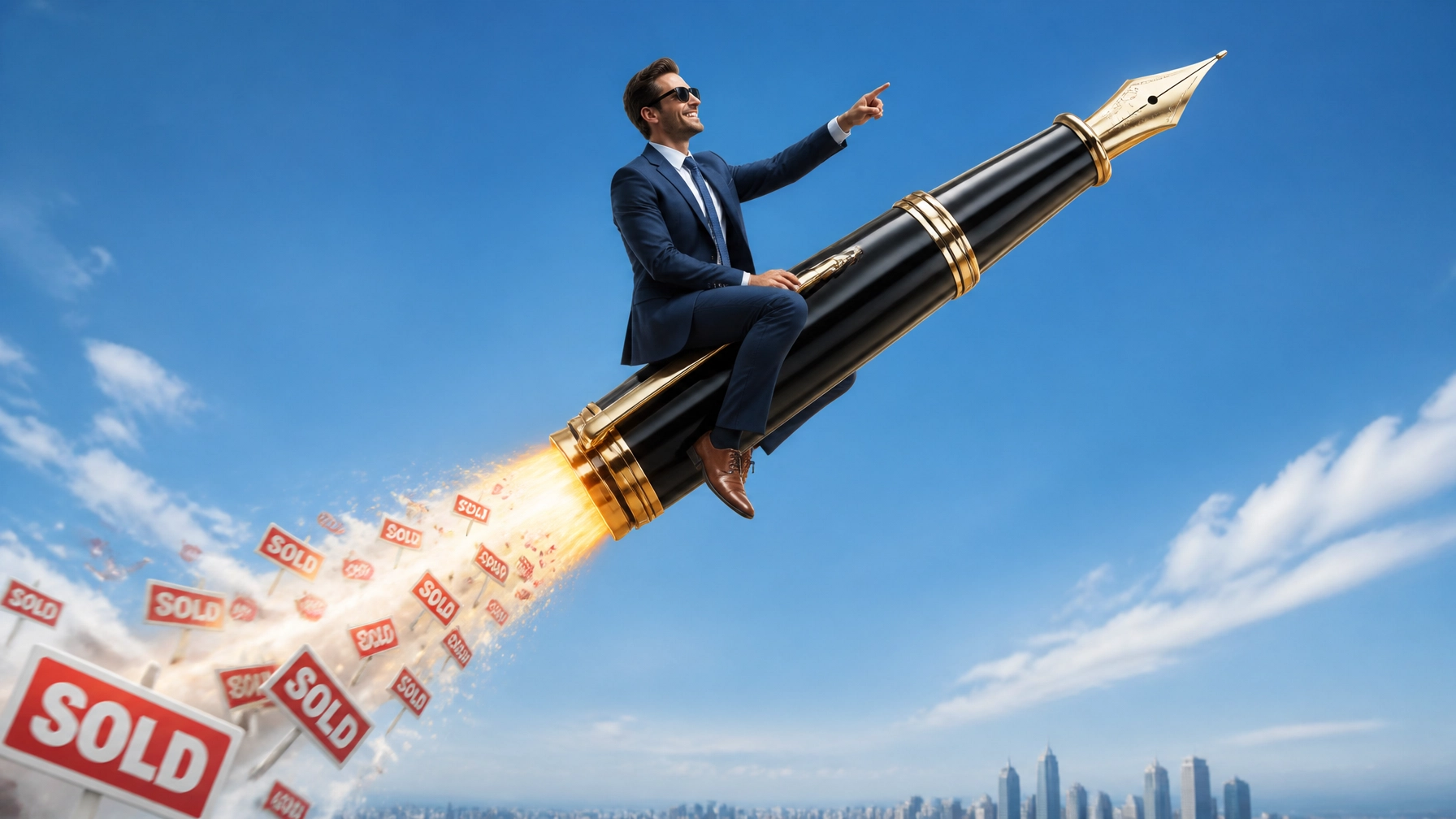 A humorous visual of a professional business person sitting on a rocket ship shaped like a giant fountain pen, taking off into the sky.