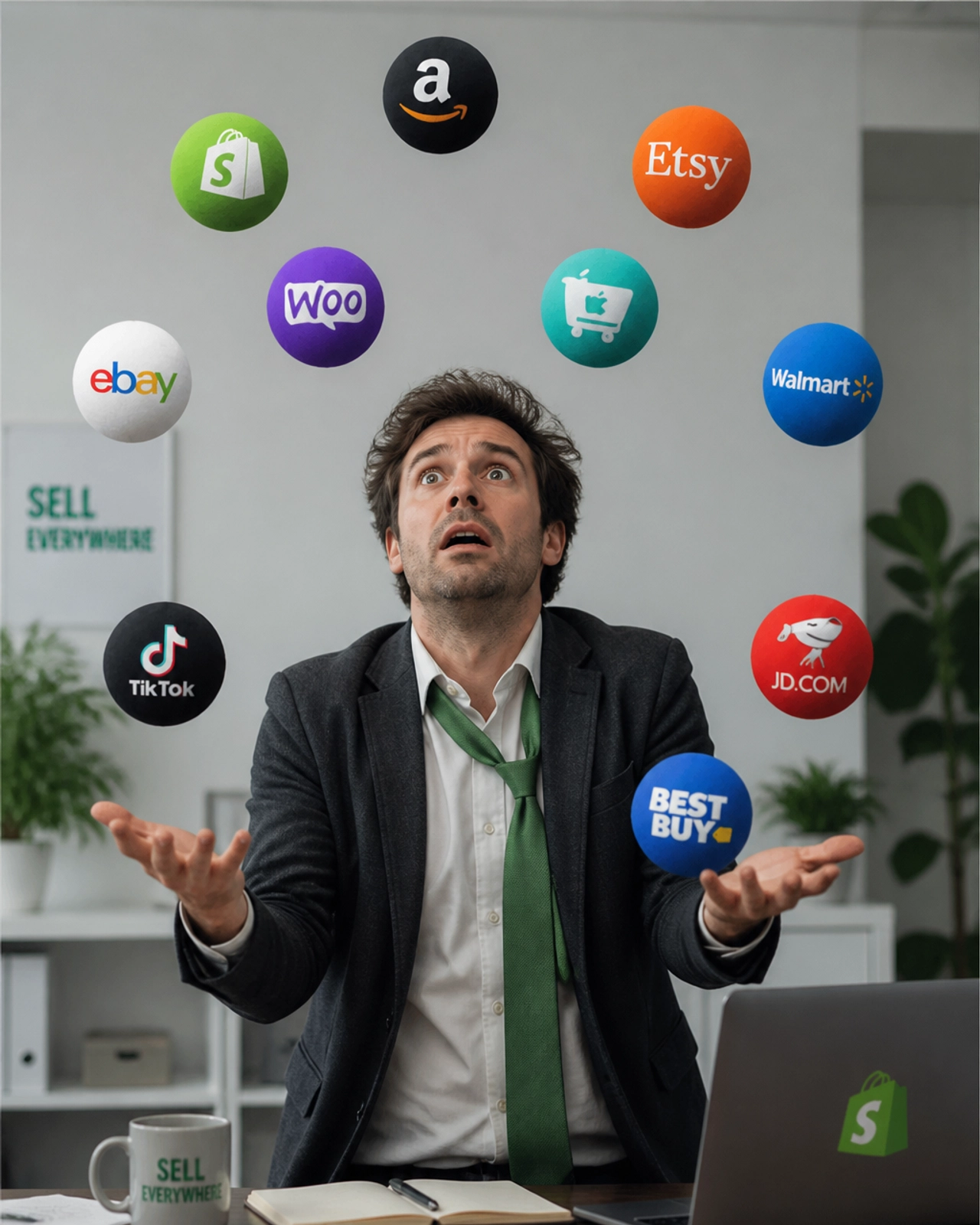 An overwhelmed sales rep juggling too many logos