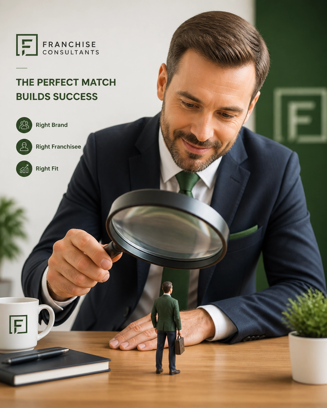 A consultant using a magnifying glass to find the perfect franchisee