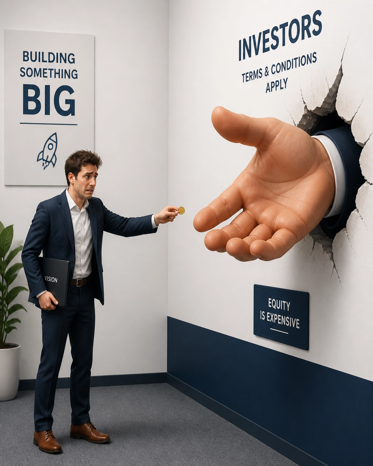 An entrepreneur handing over a tiny gold coin to a giant hand.