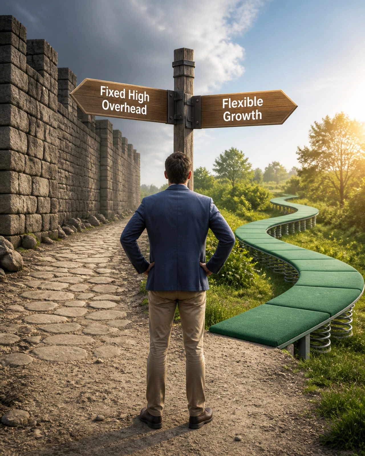 A business owner at a crossroads choosing between high overhead and flexible growth.