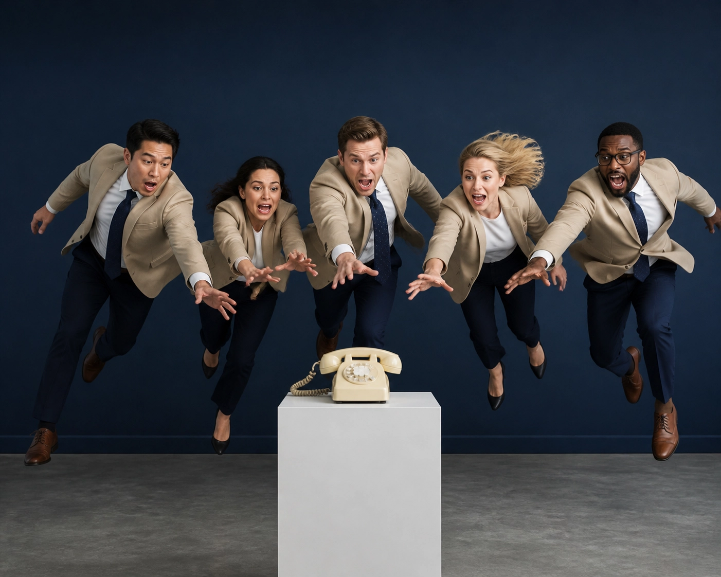 Multiple professionals lunging for one phone, showing the competition of shared franchise lead generation portals.