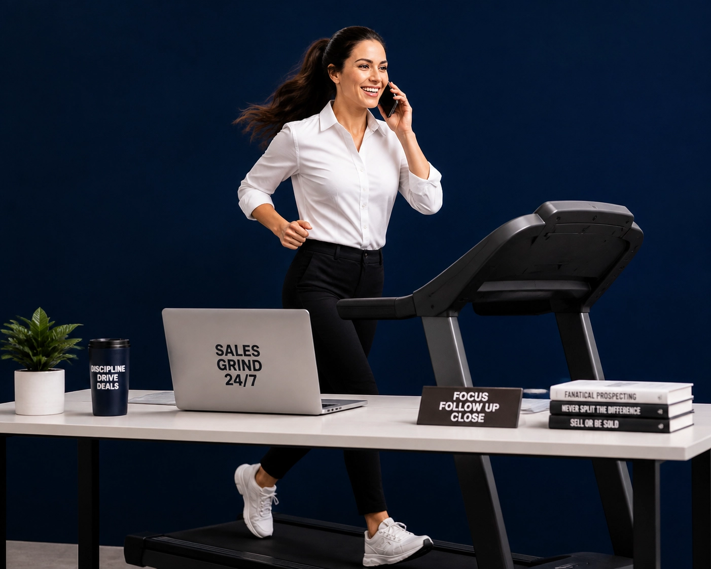 Woman working at a desk while on a treadmill to show the speed of franchise sales outsourcing.