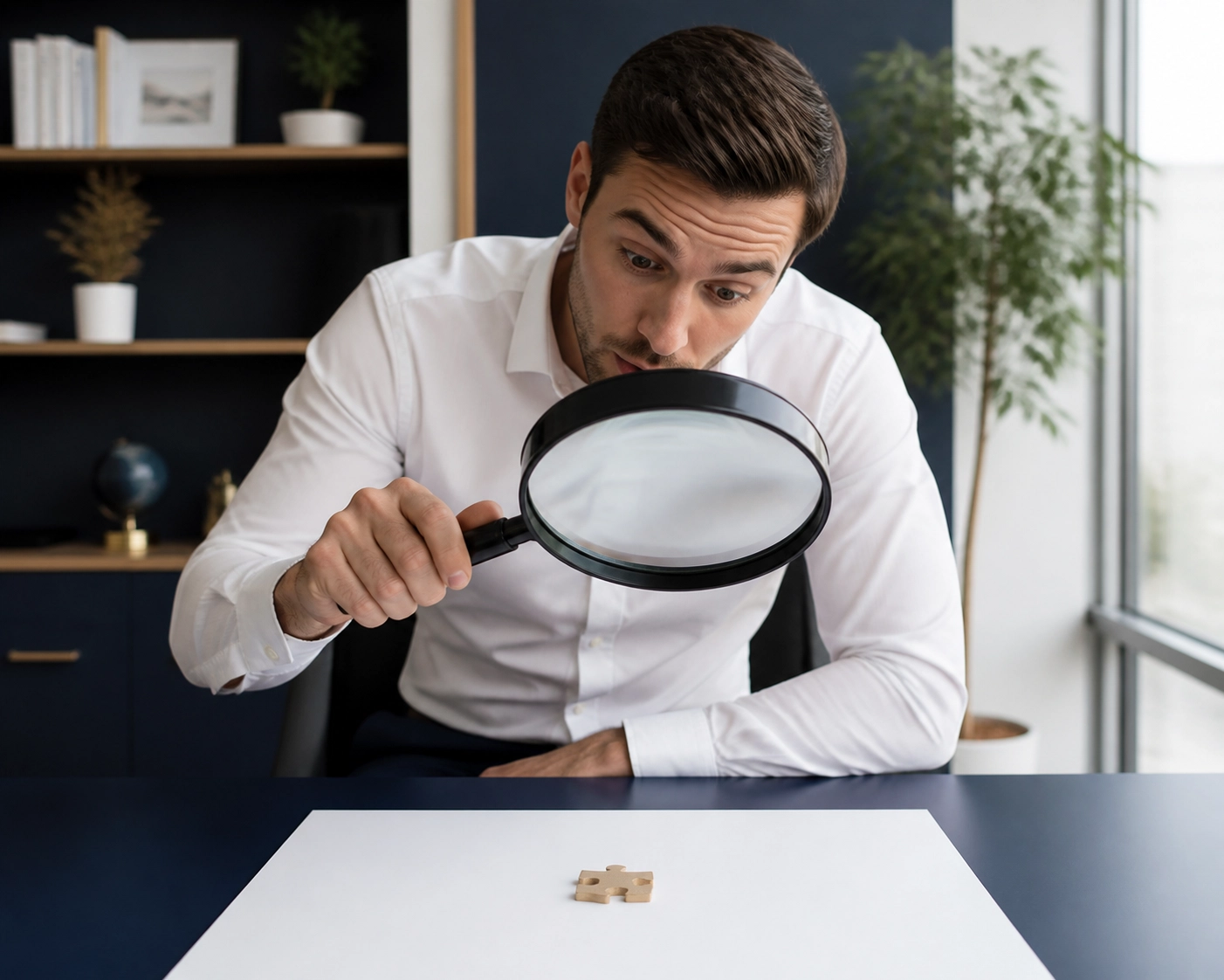 Business owner inspecting a puzzle piece with a magnifying glass to audit how to franchise a business profitably.