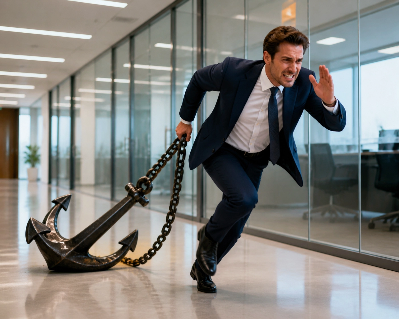 Businessman dragging a heavy anchor representing the agility lost without franchise sales outsourcing.