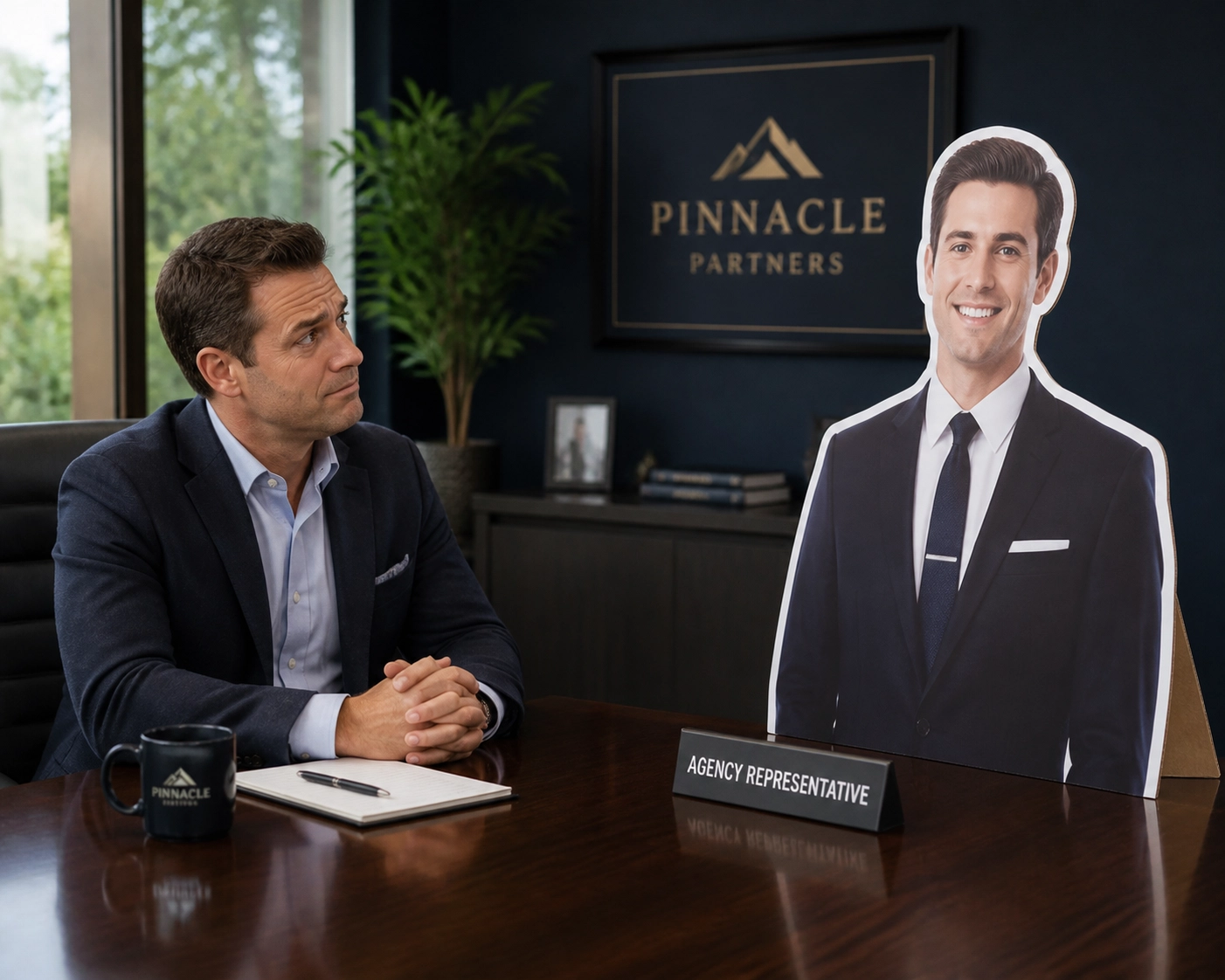 Humorous comparison of a dedicated partner versus an impersonal franchise sales outsourcing agency cutout.