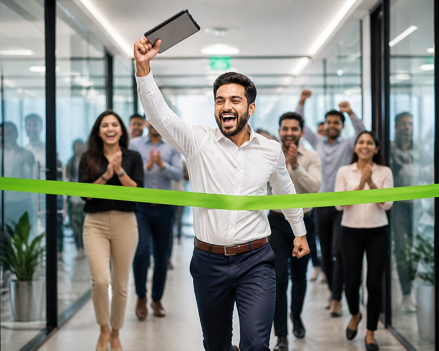 A man crossing a finish line in an office, showing the momentum of closing deals with franchise sales outsourcing.
