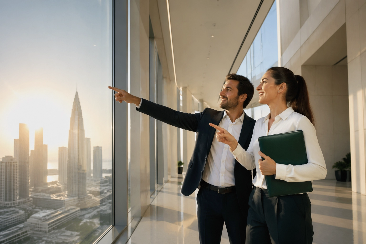 Partners looking at a city skyline while planning how to franchise a business and scale effectively.