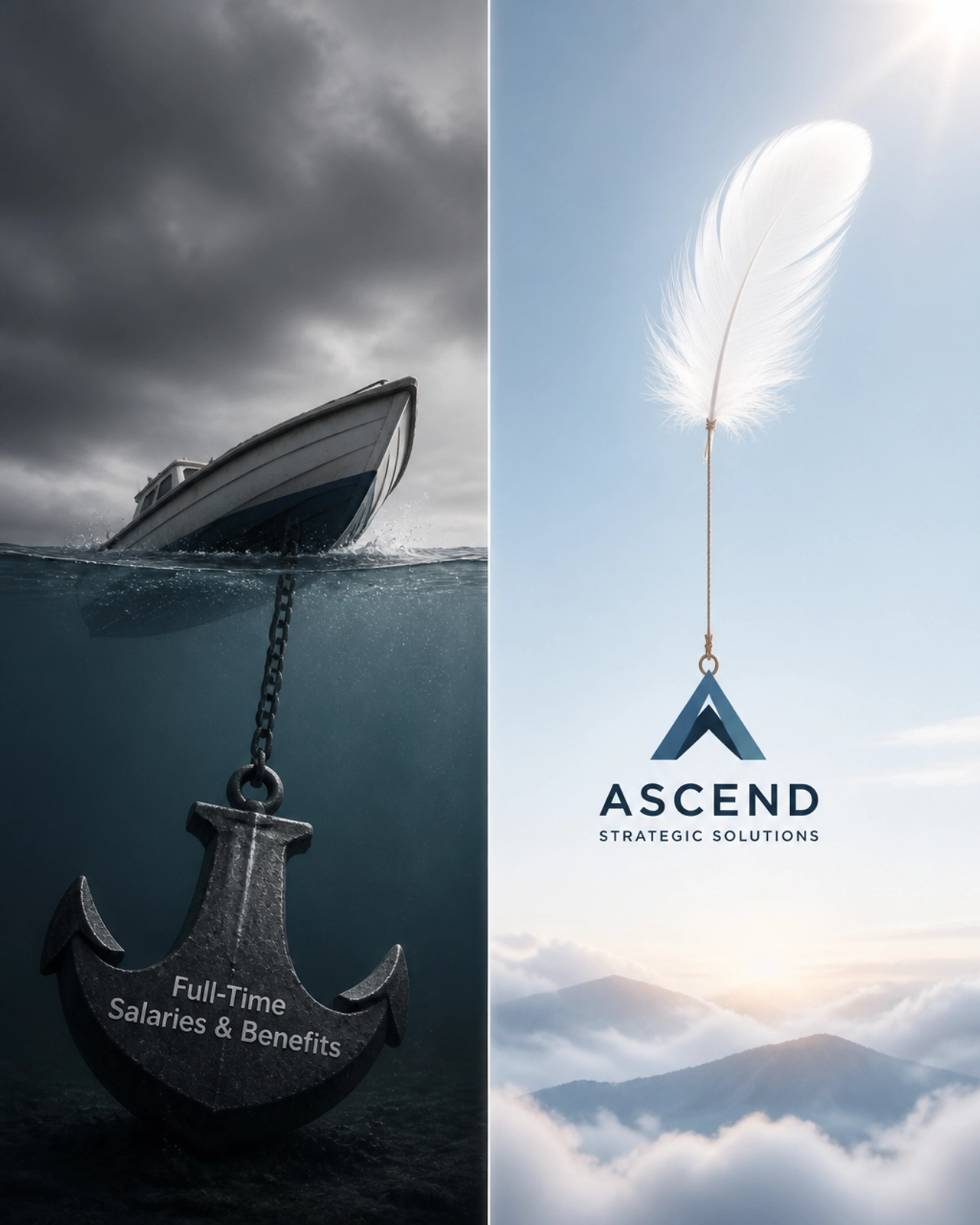 A visual comparison showing a heavy 'Full-Time Salary' anchor vs a light 'Flexible Fractional Contract' feather.