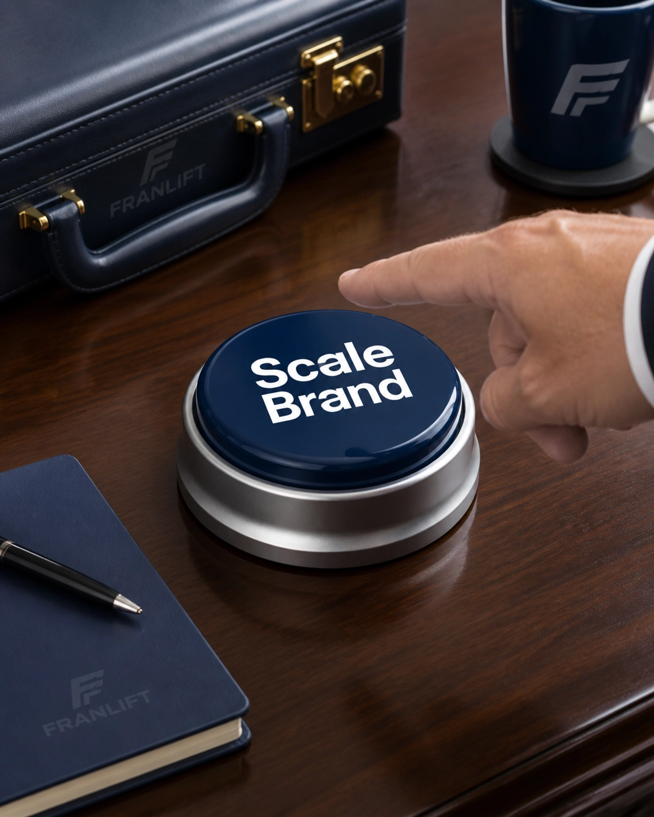 A hand about to press a giant button labeled 'Scale Brand' on a polished desk