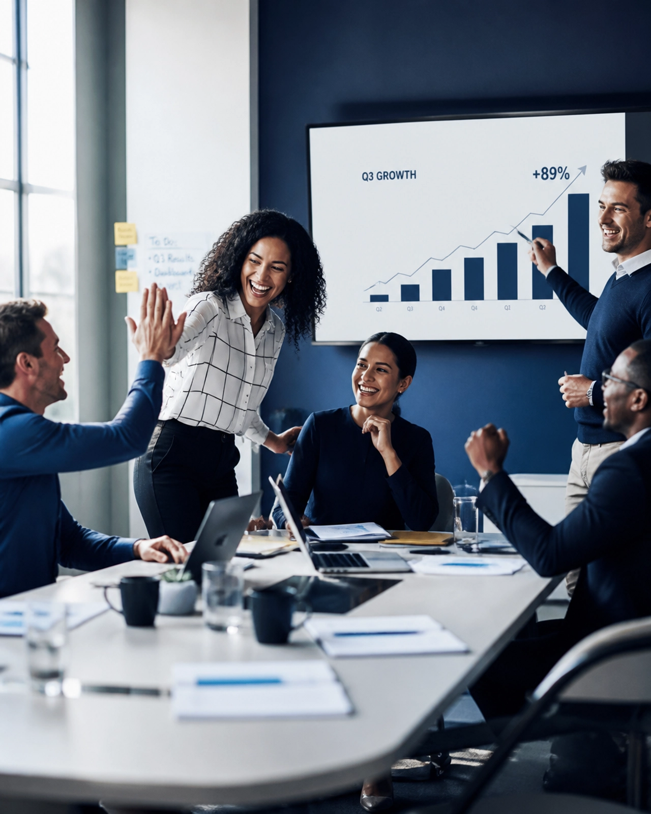 A diverse team of professionals celebrating a successful growth chart.