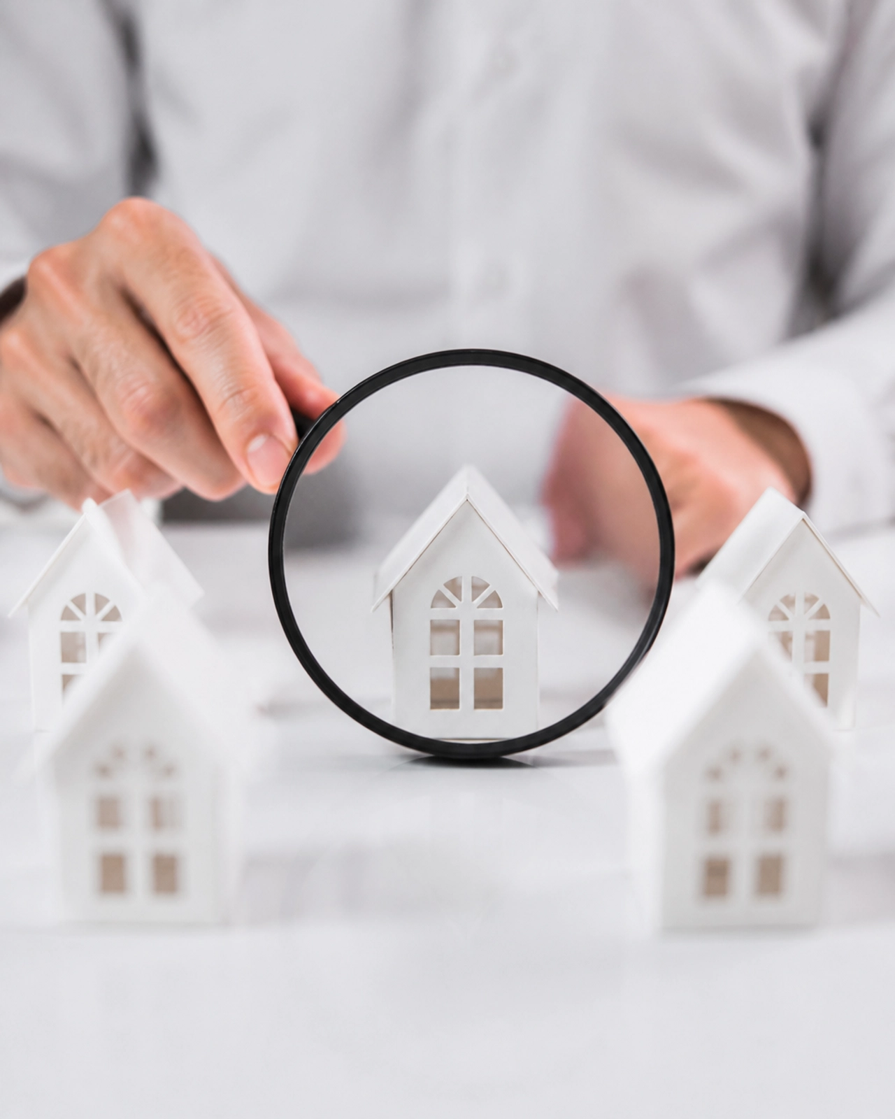Magnifying glass highlighting a single house model