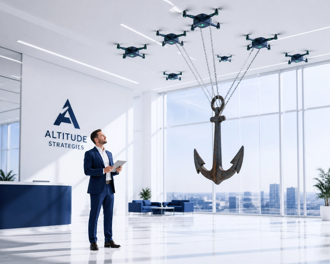 Drones lifting a heavy anchor symbolizing the ease of scaling with franchise lead generation services.