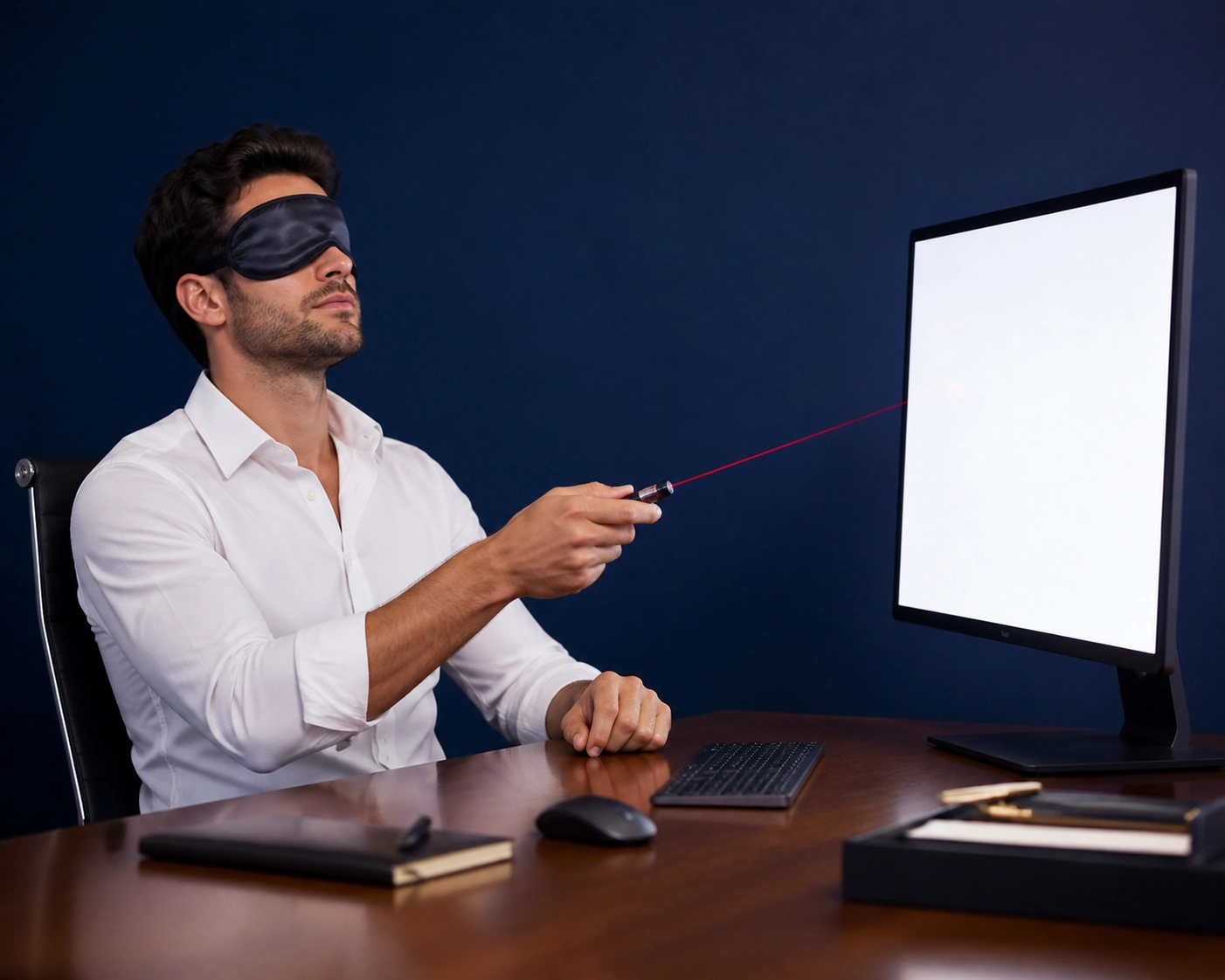 Business person with eye mask pointing at a blank screen, depicting poor franchise development agency data tracking.