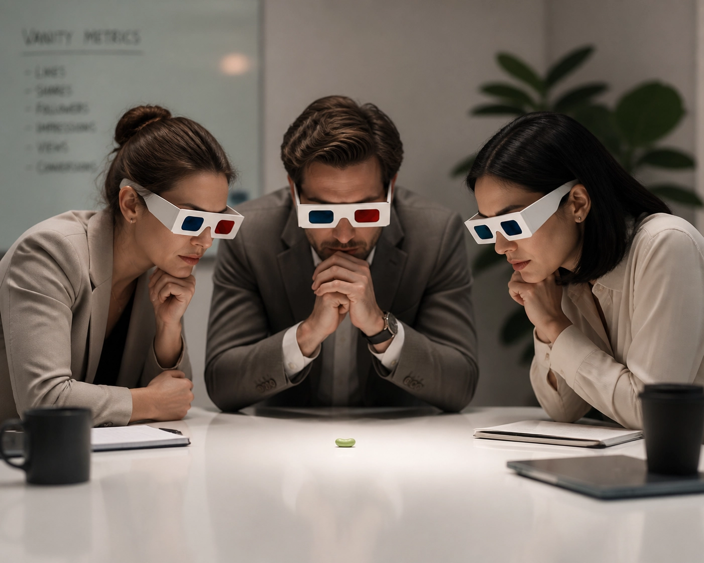 Team in 3D glasses focusing on a single bean, illustrating the focus on franchise lead generation KPIs.