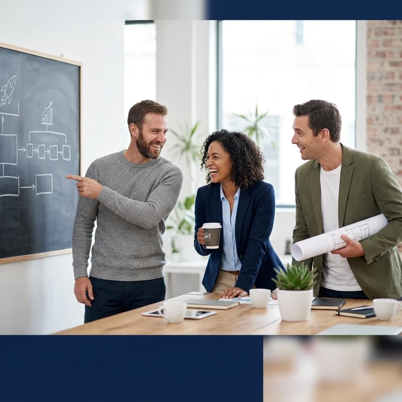 Three colleagues collaborate in a bright office, one man points at a chalkboard with diagrams while the others smile and hold coffee/plans on the table.