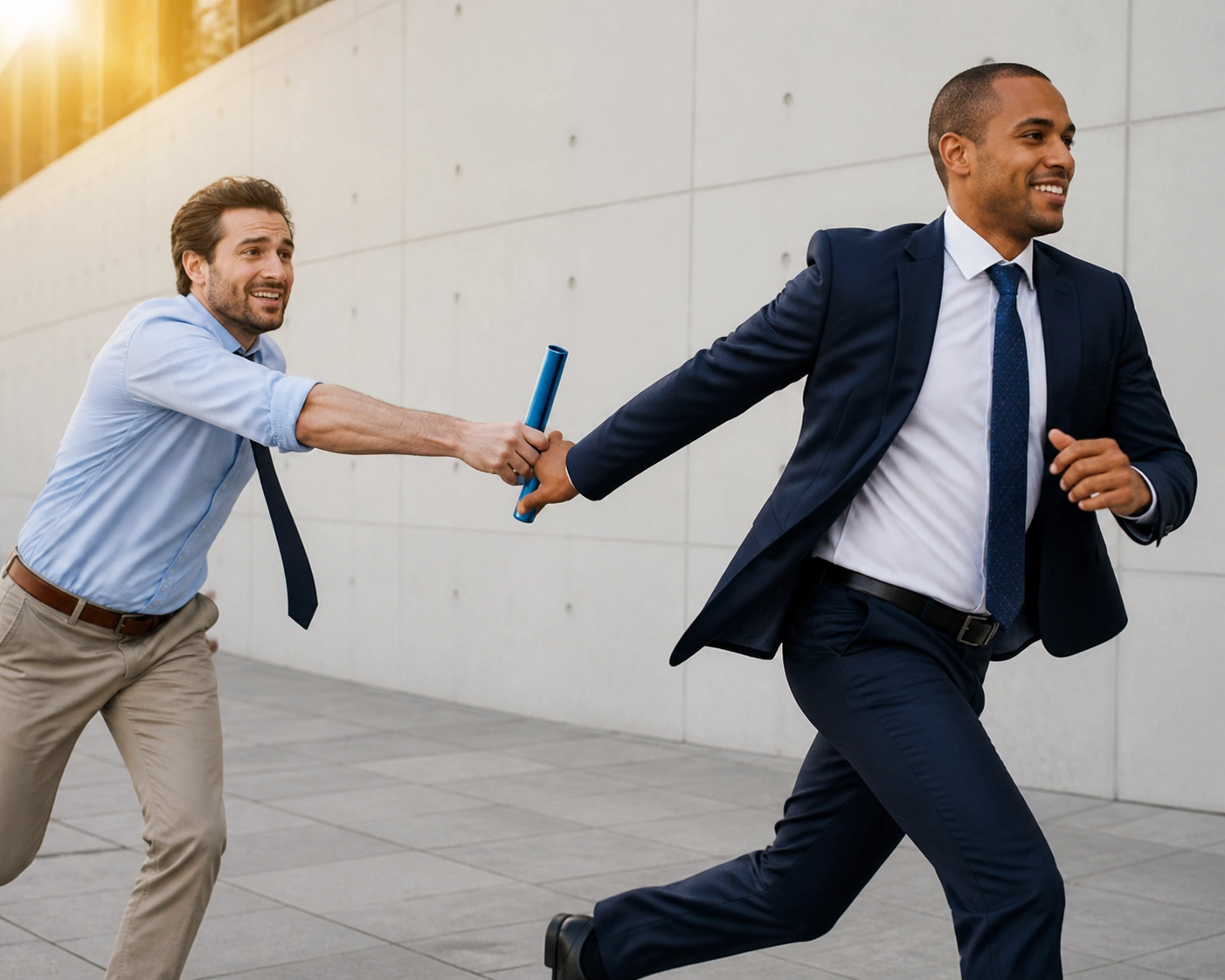 A baton hand-off between professionals representing growth through a franchise sales organization and scaled operations.