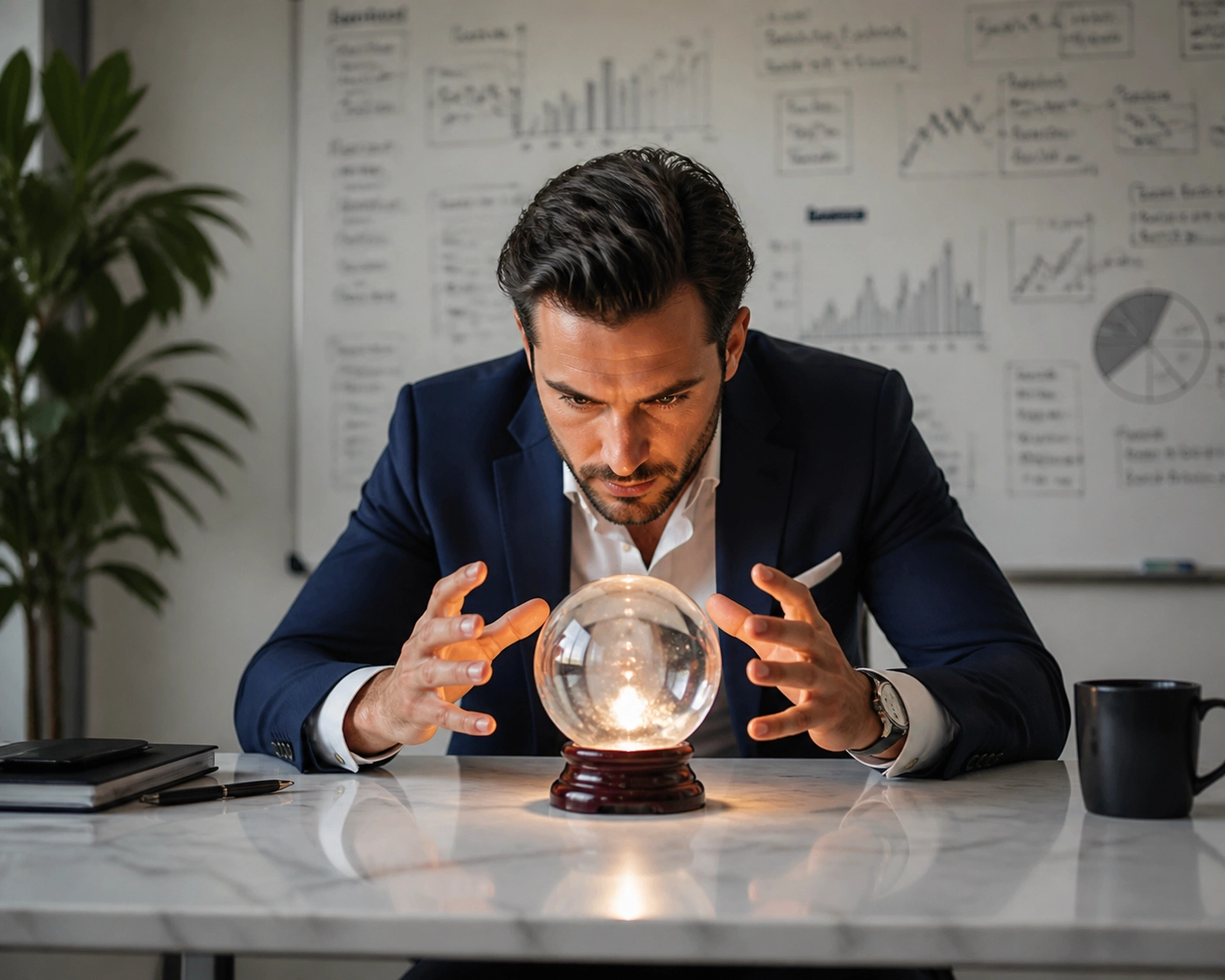 Founder choosing vibes over data for franchise development services by looking at a crystal ball.
