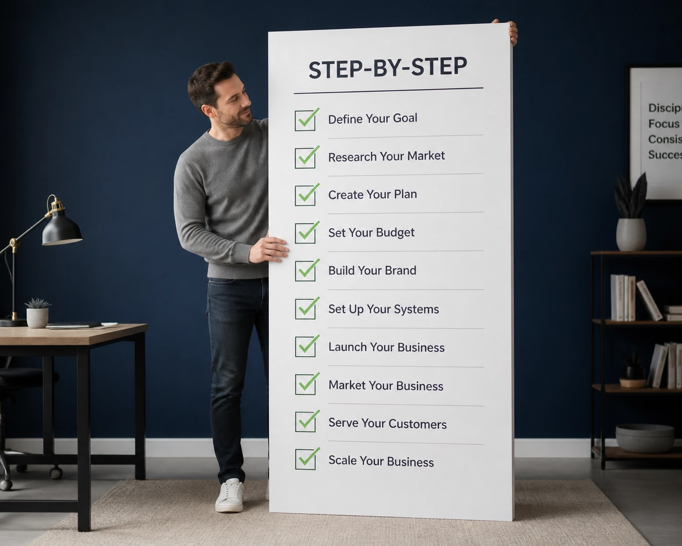 Business owner holding an oversized checklist to illustrate how to franchise a business using SOPs.