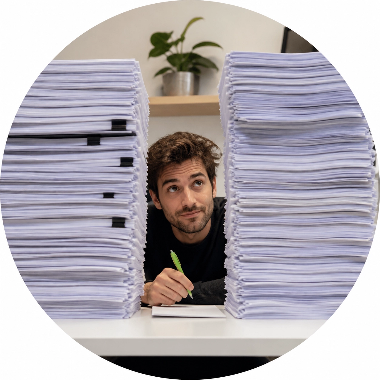 Business founder overwhelmed by massive FDD paper stacks, emphasizing the depth of franchise development services.