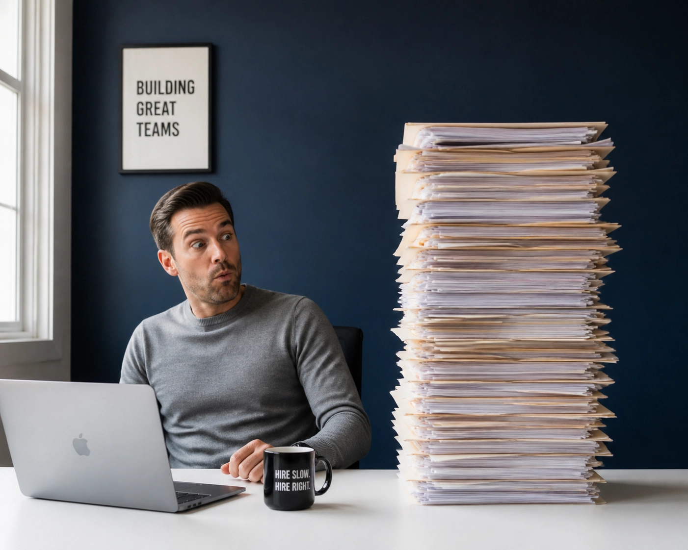 Business owner overwhelmed by hiring paperwork for an in-house franchise sales team.