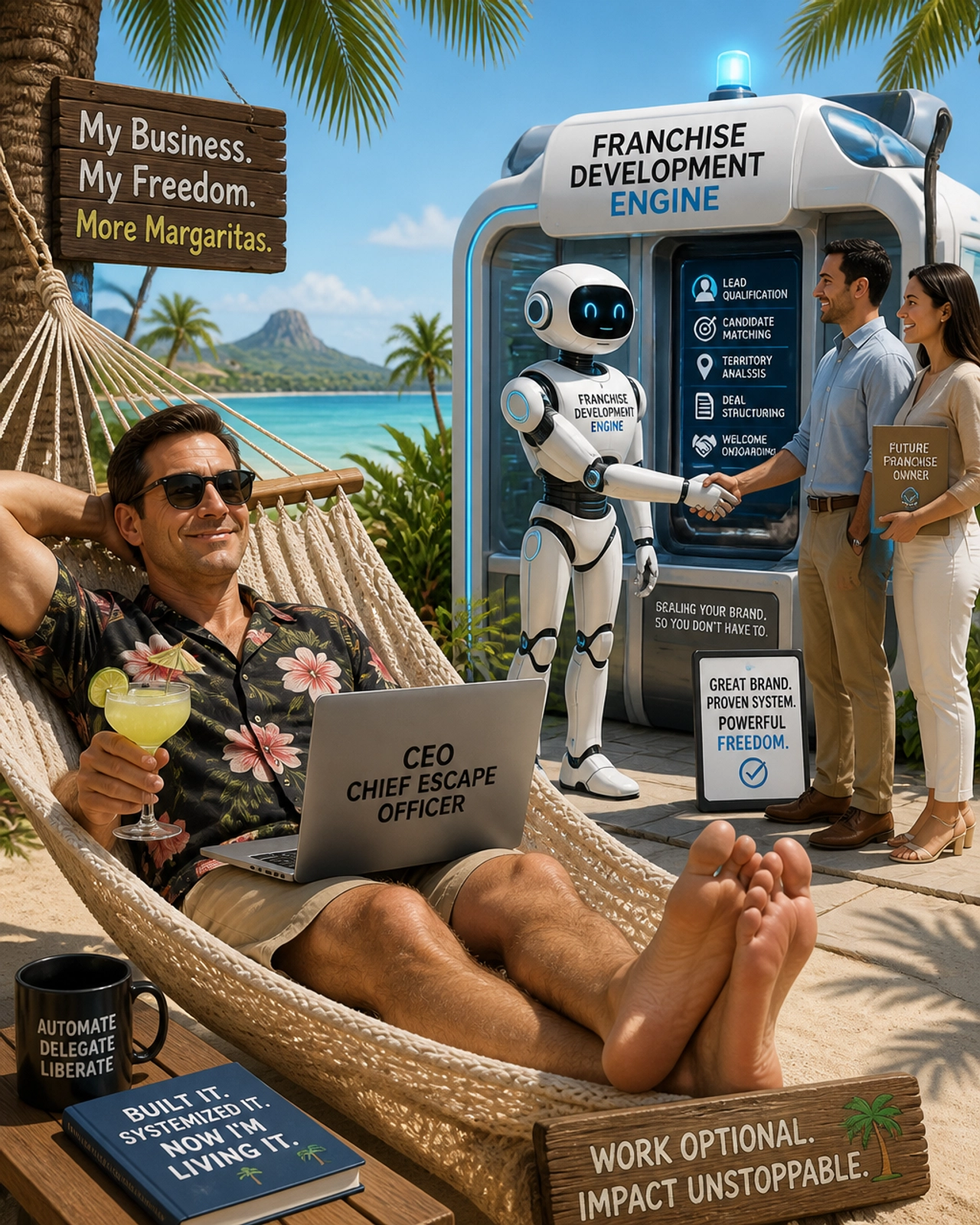 A humorous scene of a business owner relaxing in a hammock while a 'Franchise Development' robot shakes hands with candidates in the background.
