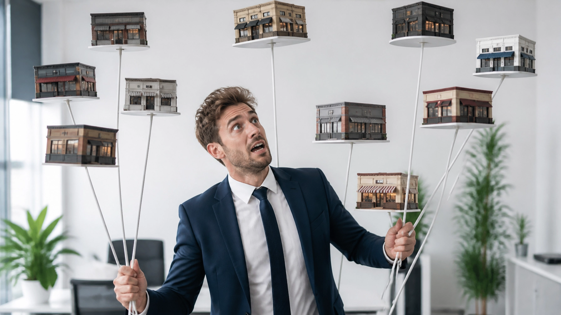 A business owner frantically juggling miniature storefronts