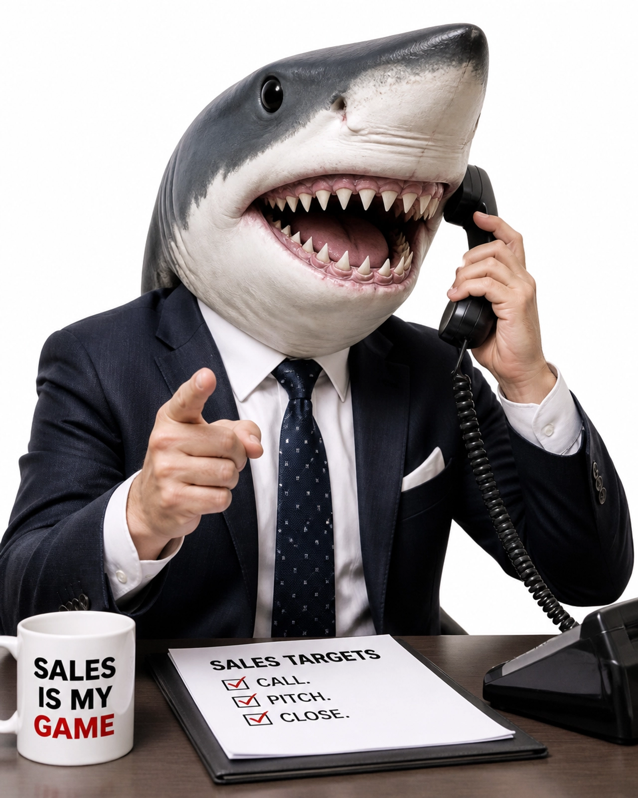 A humorous 'Sales Shark' eager to close any deal regardless of fit