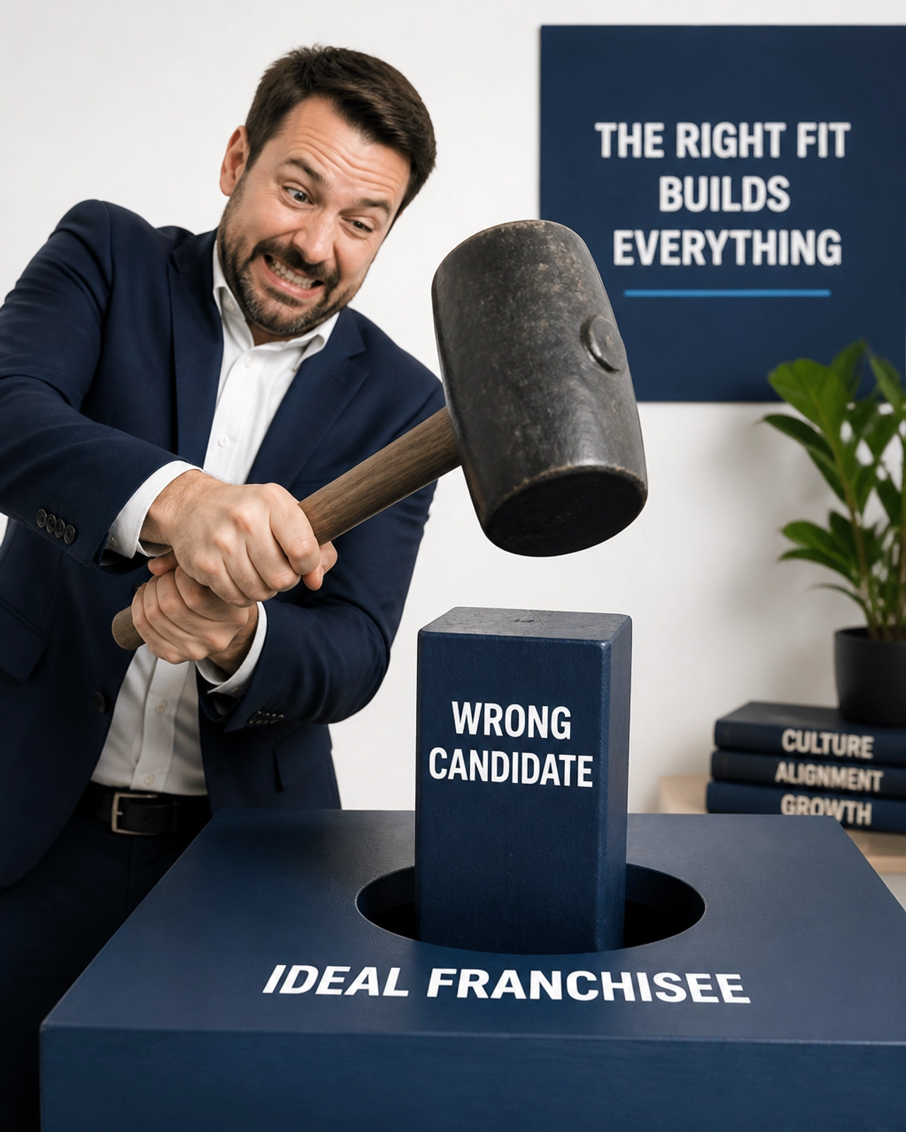 A business owner trying to force a square 'Wrong Candidate' peg into a round 'Ideal Franchisee' hole.