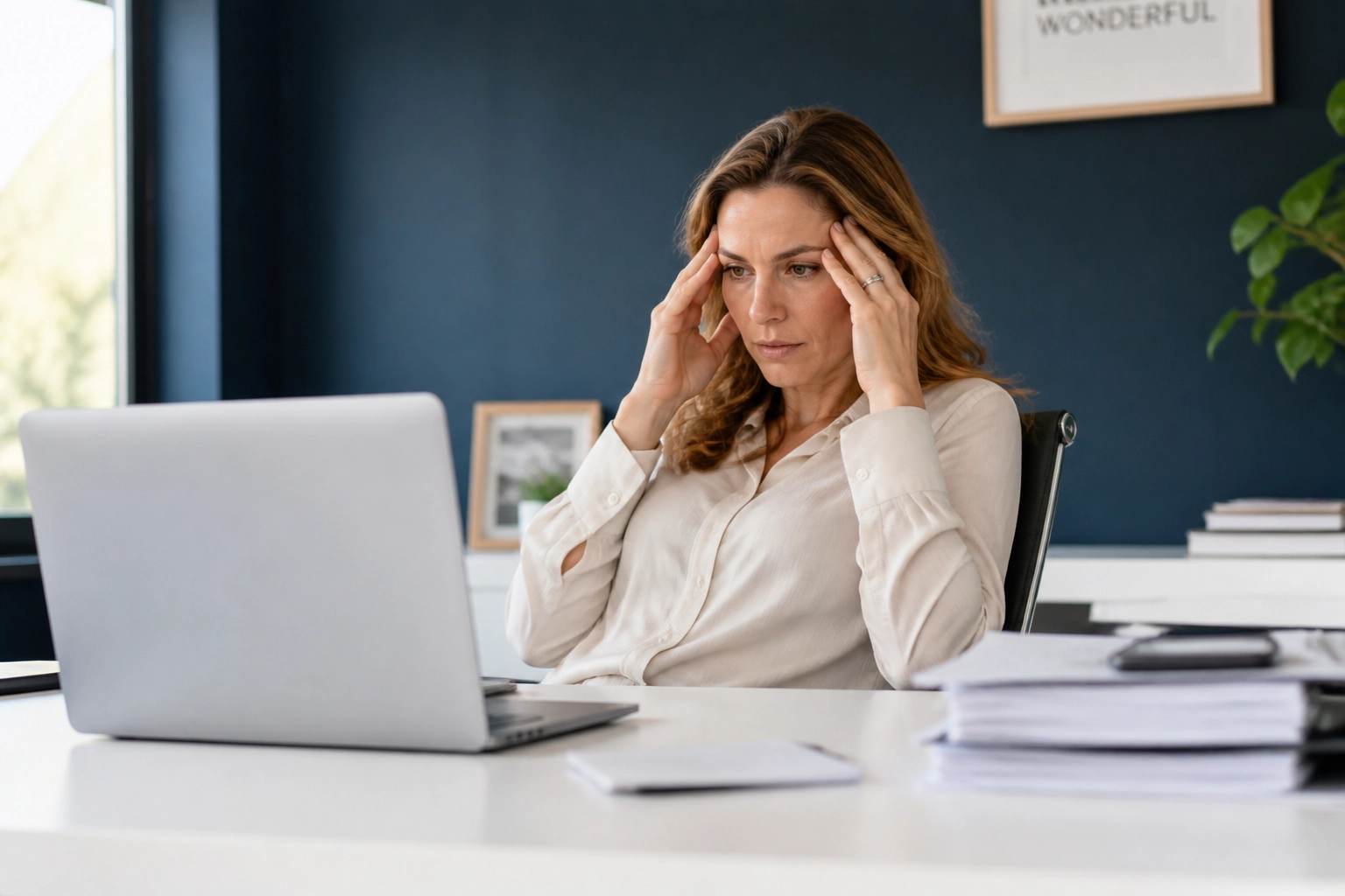 A stressed CEO at a laptop managing brand scaling and the need for franchise sales outsourcing.