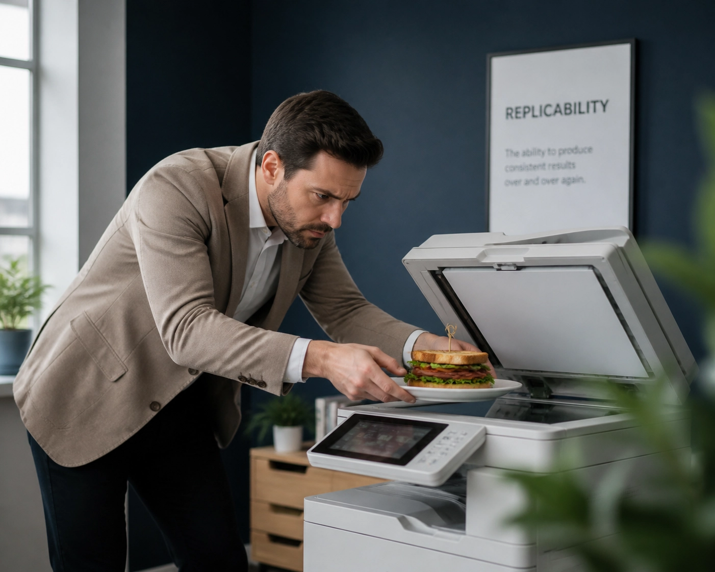 Business owner duplicating a product on a photocopier to demonstrate how to franchise a business successfully.