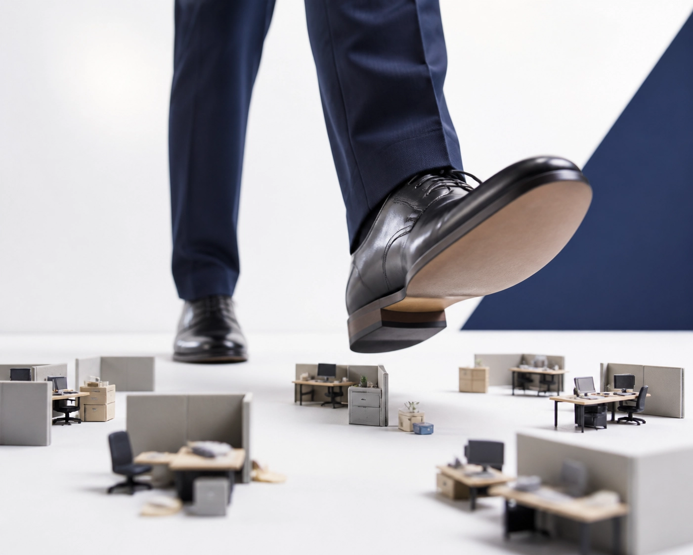 Professional stepping over miniature cubicles to show scaling growth with a franchise development agency.